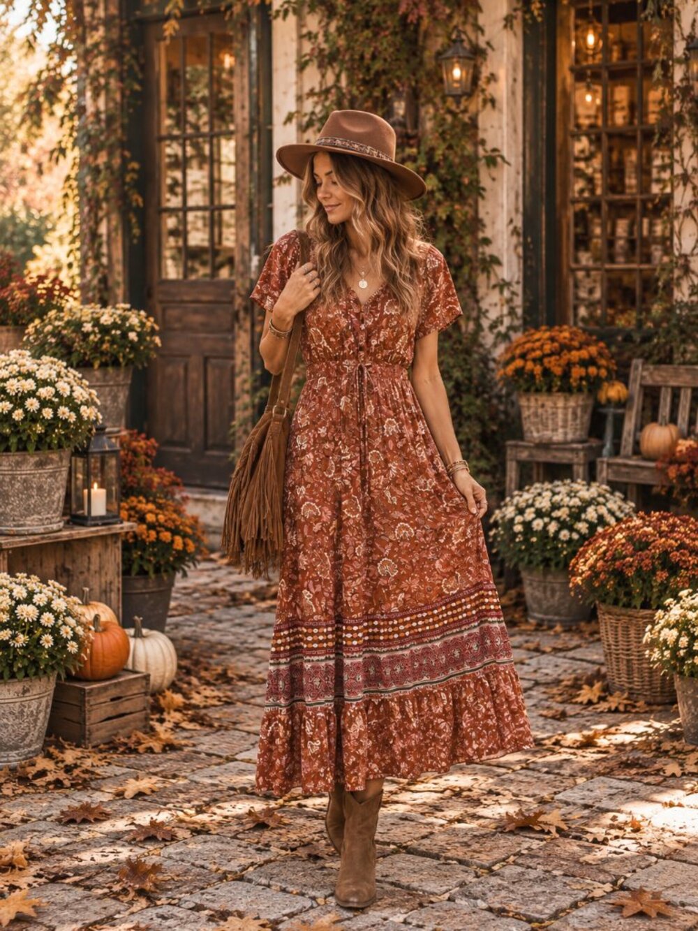 Knox Rose Rust Floral Boho Maxi Dress